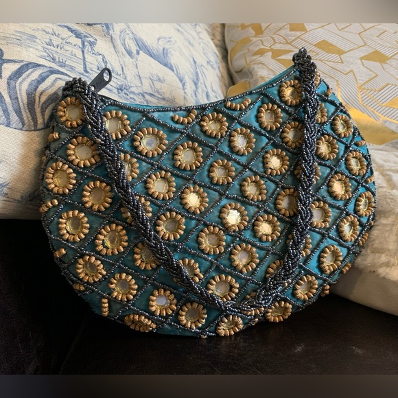Blue/Gold Beaded Purse - Picture 1 of 3